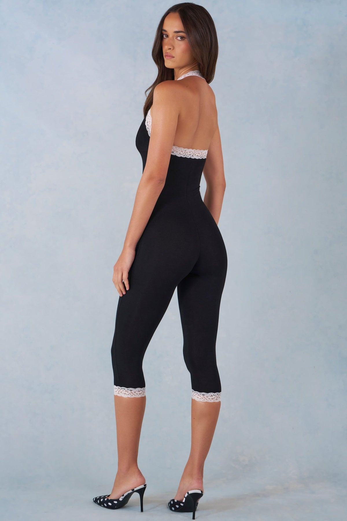 Chic Modal Lace-Trim Capri Jumpsuit in Black