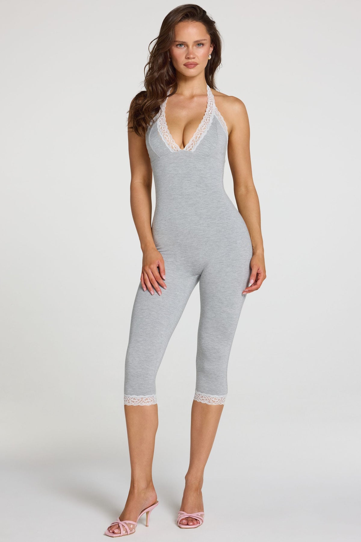 Chic Modal Lace-Trim Capri Jumpsuit in Grey Marl
