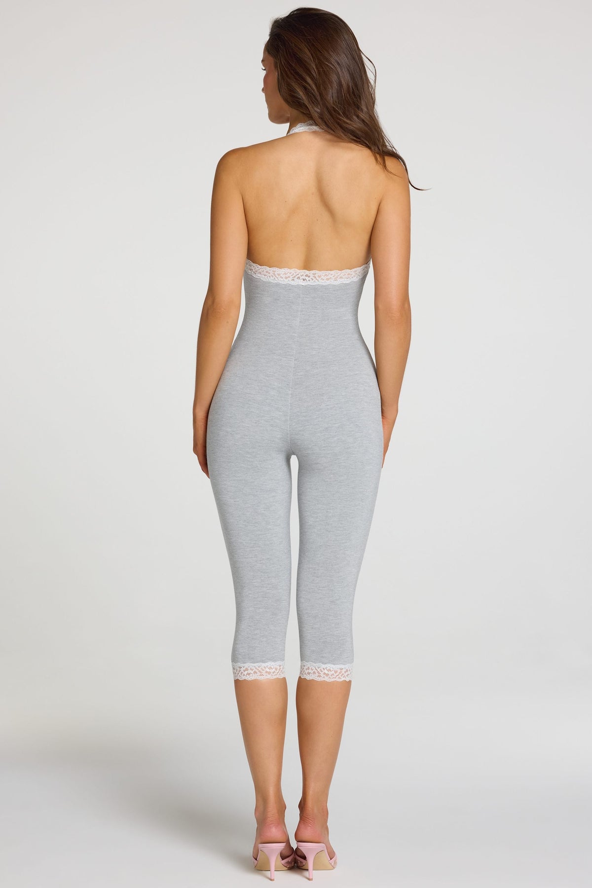 Chic Modal Lace-Trim Capri Jumpsuit in Grey Marl