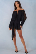 Chic Off-Shoulder Balloon-Sleeve Mini Dress in Black