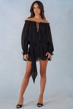 Chic Off-Shoulder Balloon-Sleeve Mini Dress in Black
