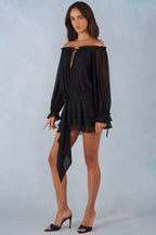Chic Off-Shoulder Balloon-Sleeve Mini Dress in Black