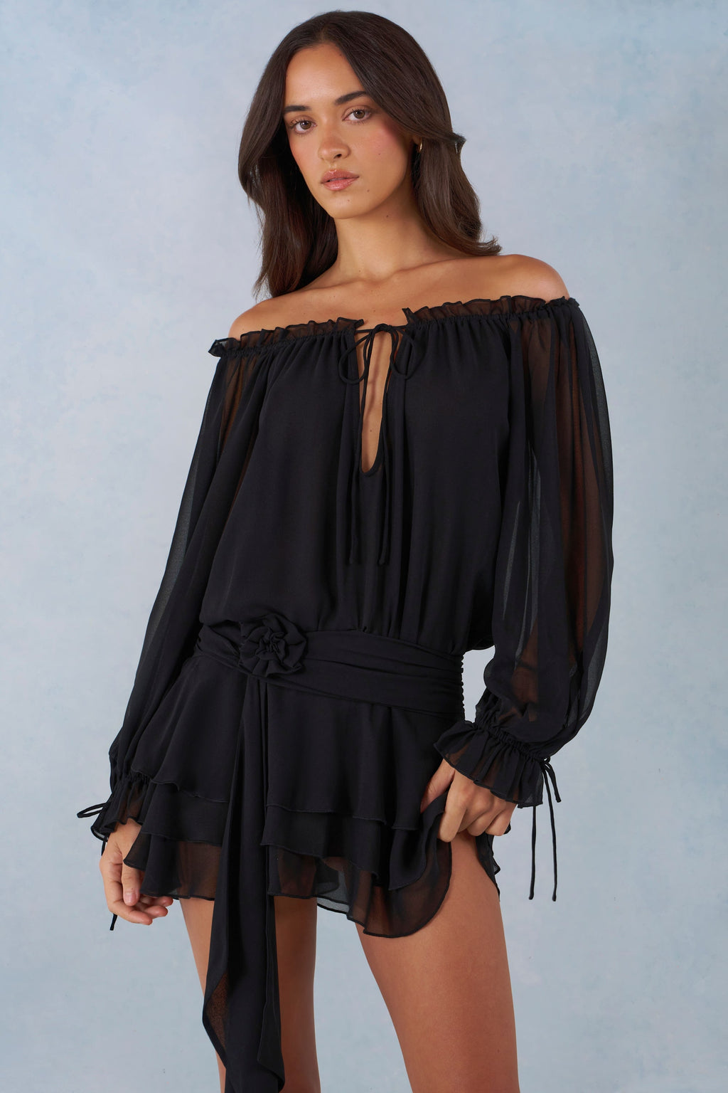 Chic Off-Shoulder Balloon-Sleeve Mini Dress in Black