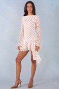 Chic Long-Sleeve Open-Back Mini Dress in Ivory Polka Dot Print