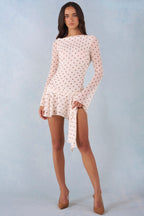 Chic Long-Sleeve Open-Back Mini Dress in Ivory Polka Dot Print