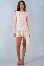 Chic Long-Sleeve Open-Back Mini Dress in Ivory Polka Dot Print