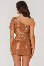 Chic Embellished One-Shoulder Asymmetric Top in Bronze