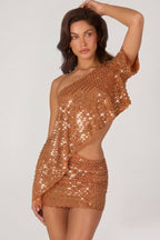 Chic Embellished One-Shoulder Asymmetric Top in Bronze