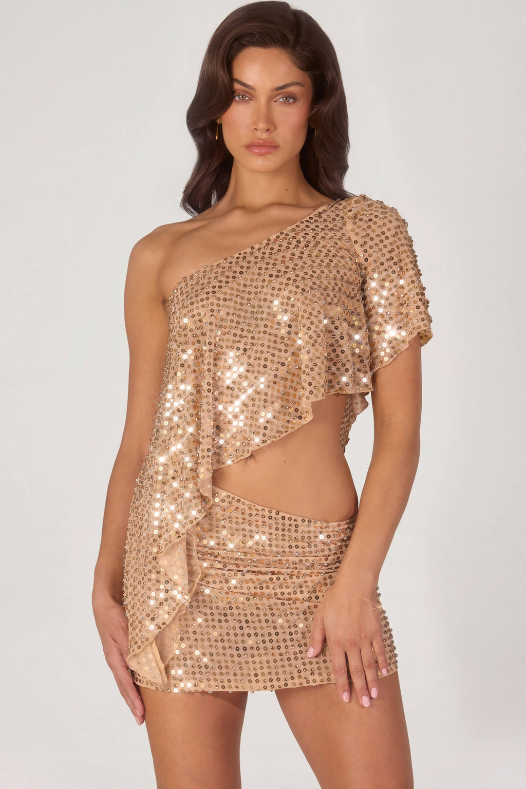Chic Embellished One-Shoulder Asymmetric Top in Gold