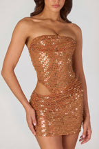 Chic Embellished Cut-Out Mini Dress in Bronze