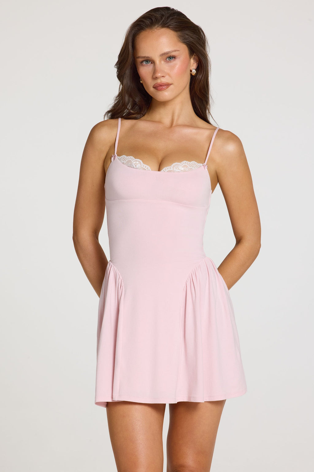 Chic Modal Lace-Trim Mini Dress in Baby Pink