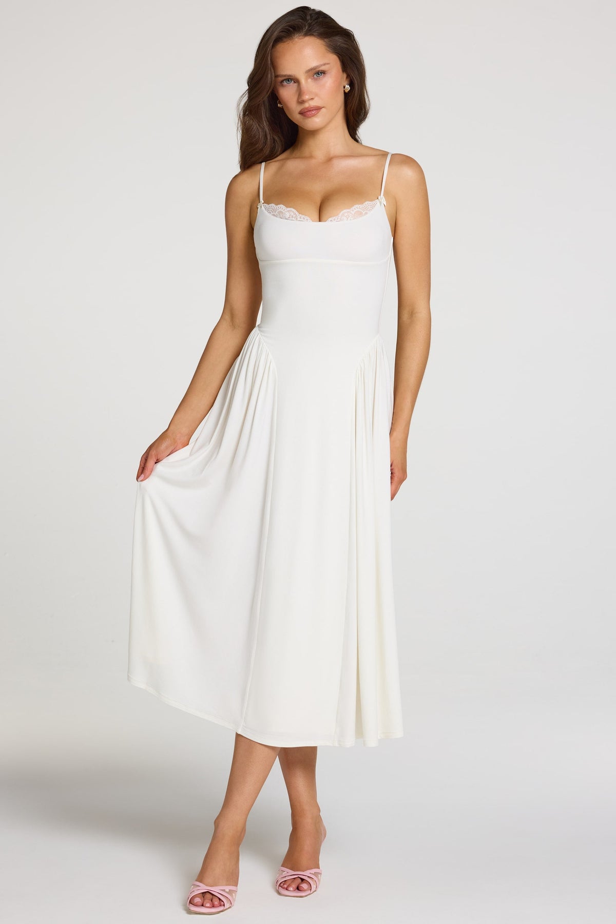 Chic Modal Lace-Trim Midaxi Dress in White