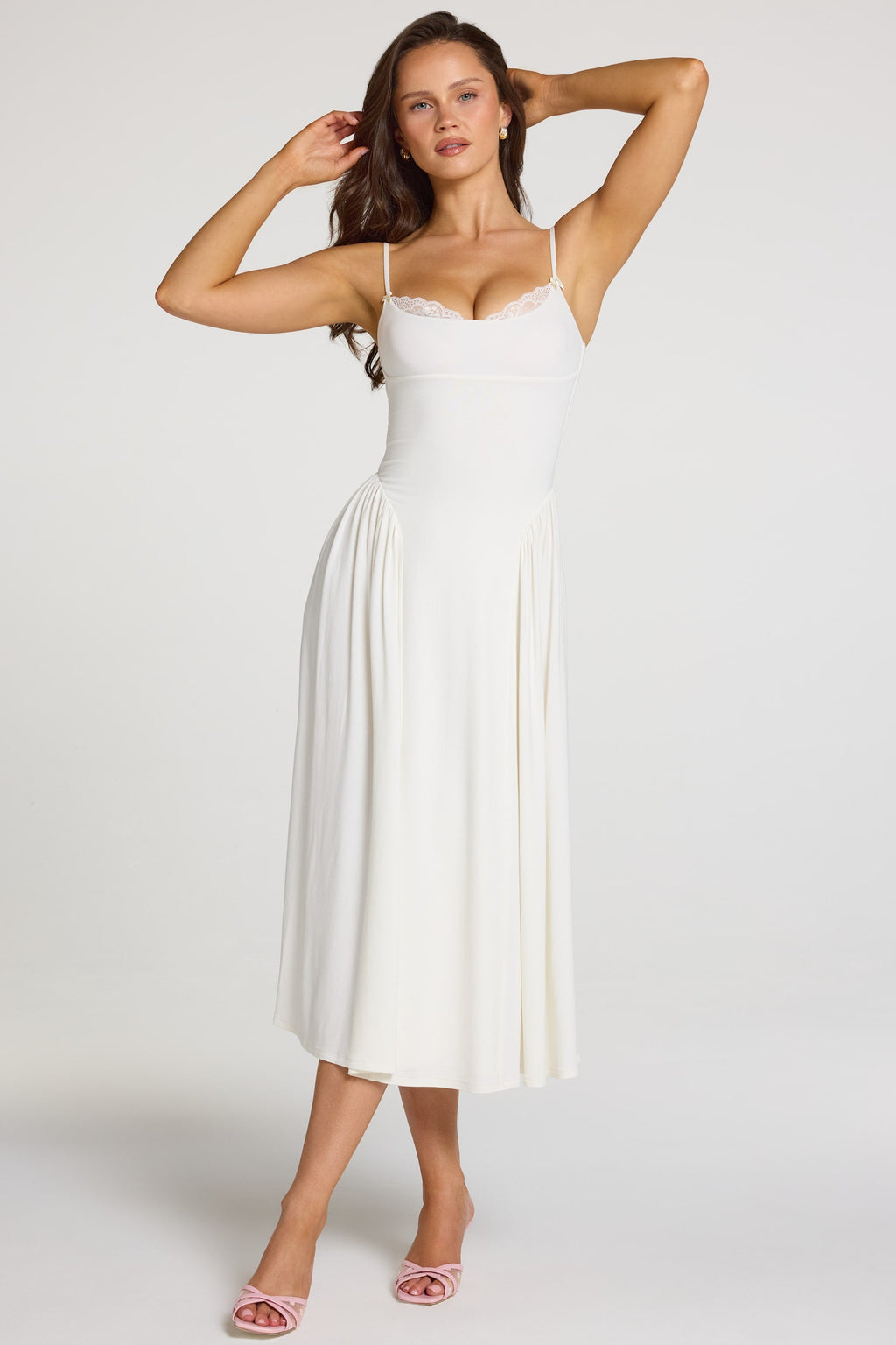 Chic Modal Lace-Trim Midaxi Dress in White