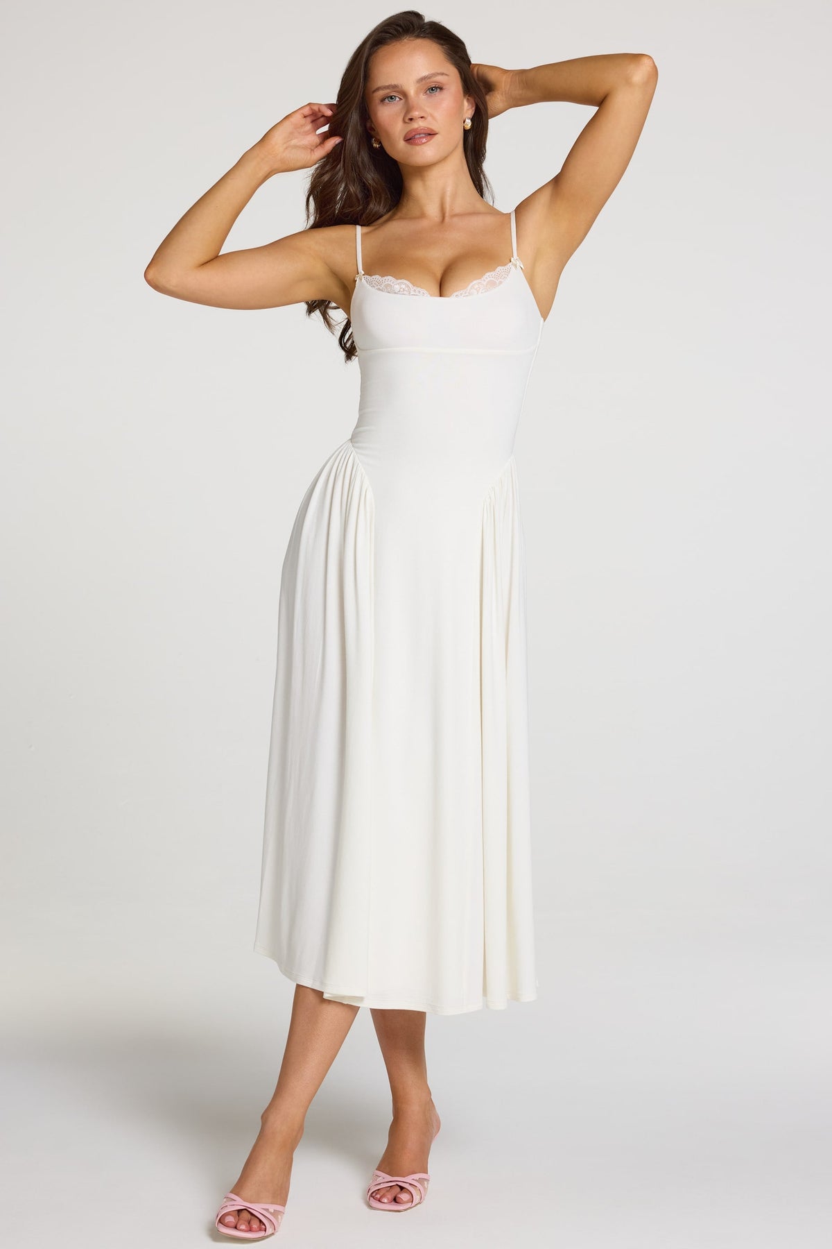 Chic Modal Lace-Trim Midaxi Dress in White