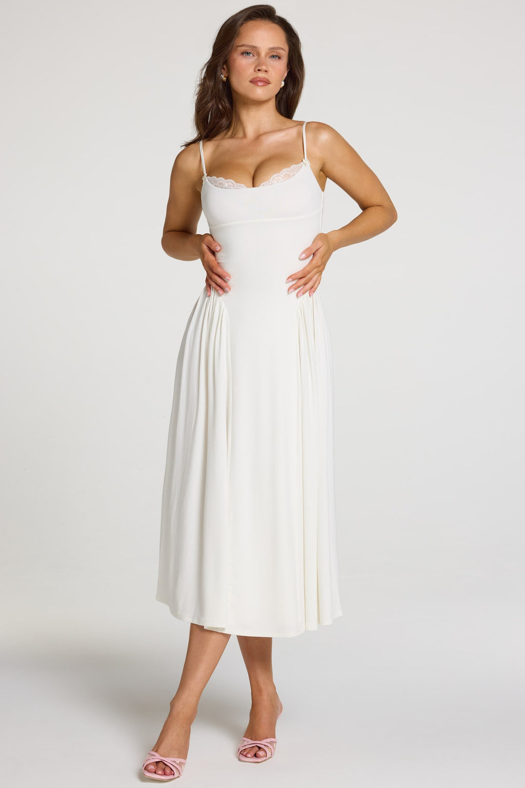 Chic Modal Lace-Trim Midaxi Dress in White