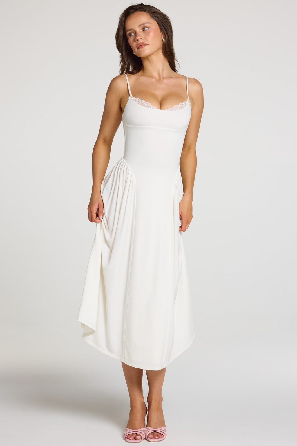 Chic Modal Lace-Trim Midaxi Dress in White