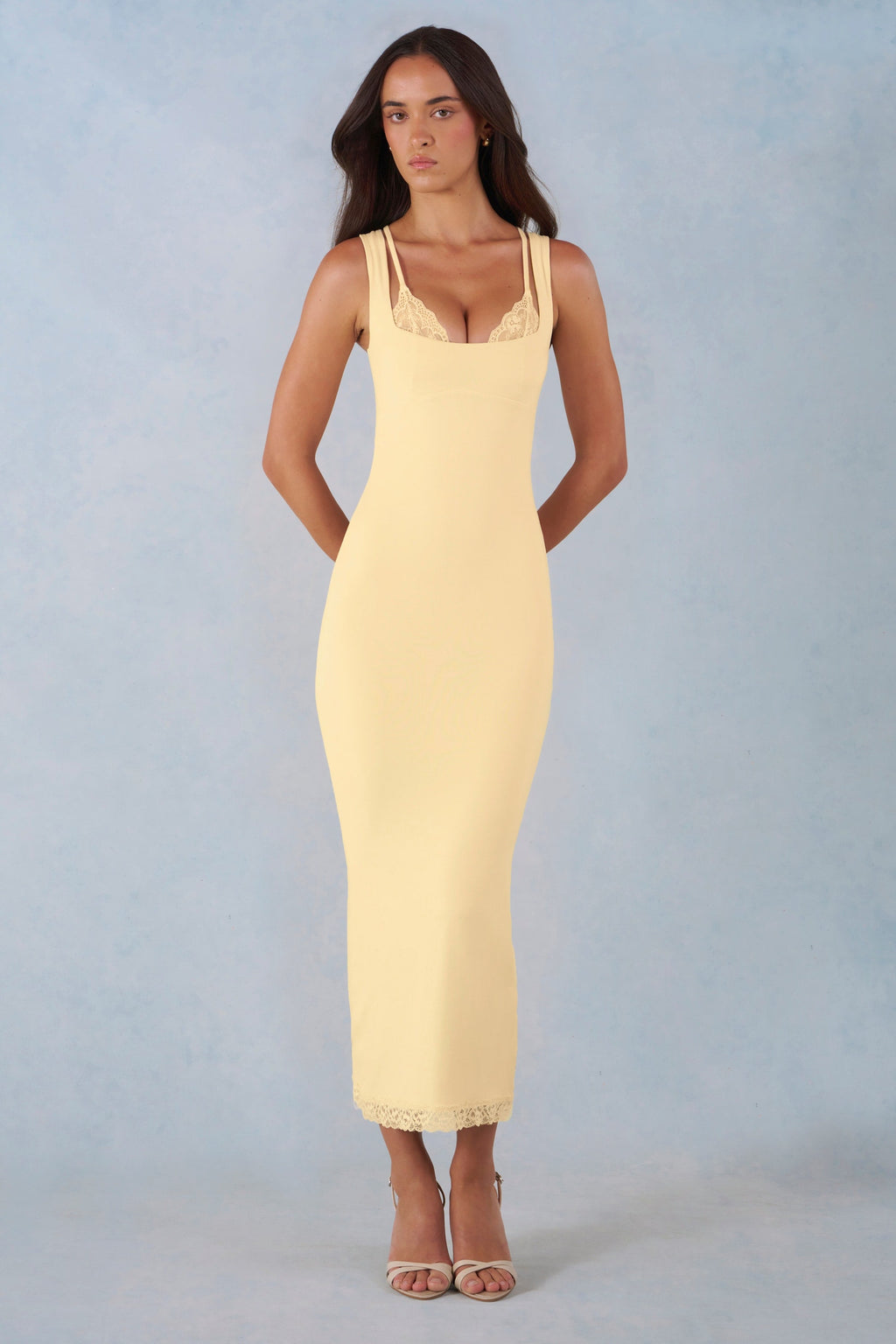 Chic Modal Lace-Trim Midaxi Dress in Butter Yellow