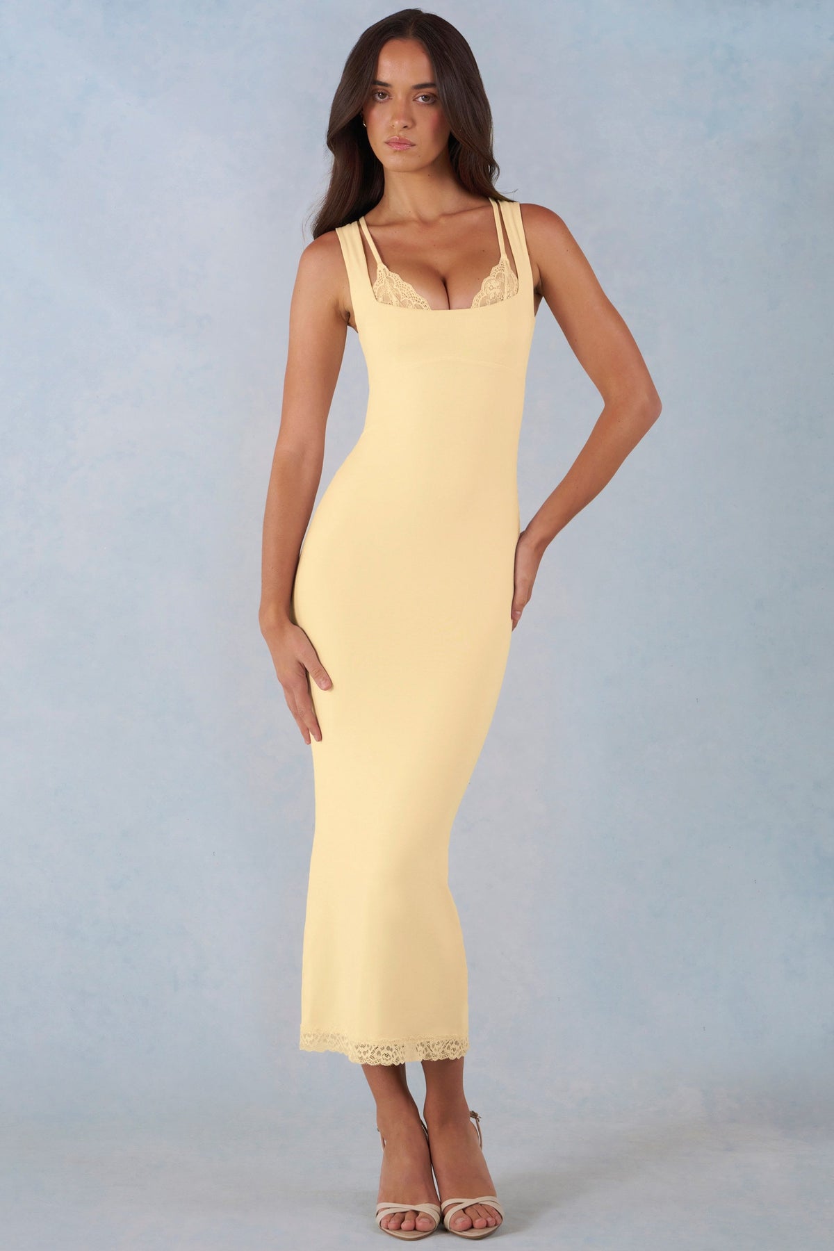 Chic Modal Lace-Trim Midaxi Dress in Butter Yellow