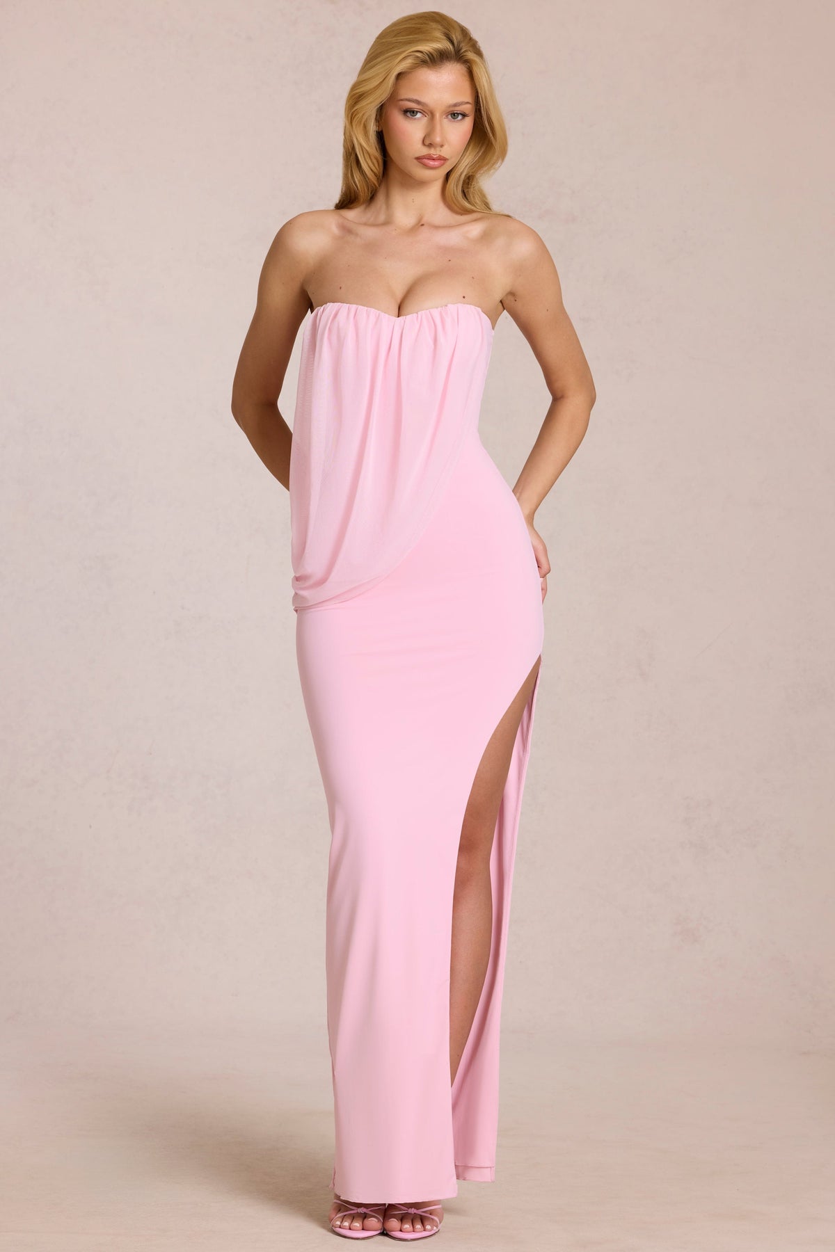 Chic Bandeau Draped Maxi Dress in Blossom Pink