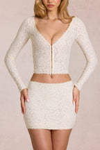 Chic Lace Plunge Cardigan in Pearl
