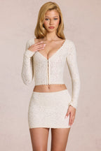 Chic Lace Plunge Cardigan in Pearl