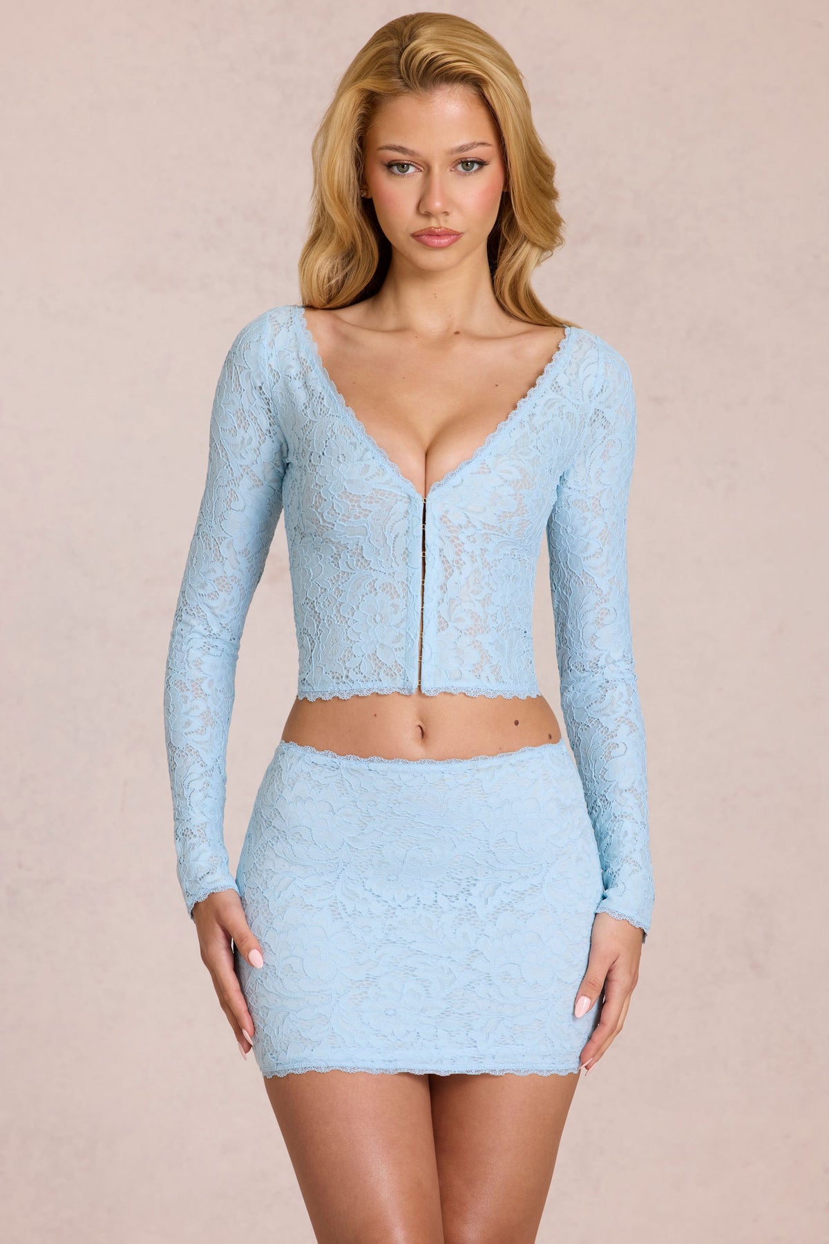 Chic Lace Plunge Cardigan in Powder Blue