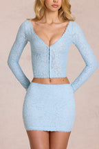 Chic Lace Plunge Cardigan in Powder Blue