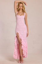 Chic Lace Ruffle Maxi Dress in Blossom Pink