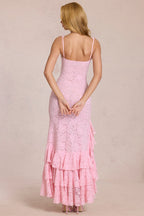 Chic Lace Ruffle Maxi Dress in Blossom Pink