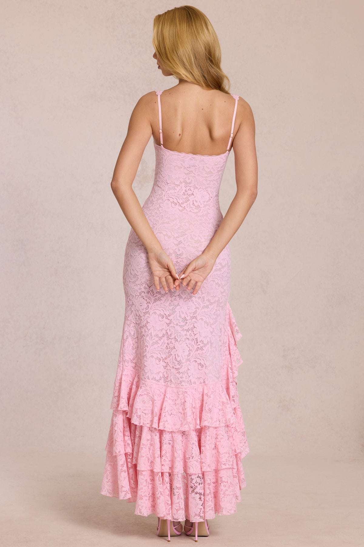 Chic Lace Ruffle Maxi Dress in Blossom Pink