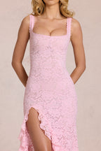 Chic Lace Ruffle Maxi Dress in Blossom Pink
