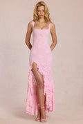 Chic Lace Ruffle Maxi Dress in Blossom Pink