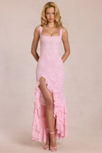 Chic Lace Ruffle Maxi Dress in Blossom Pink