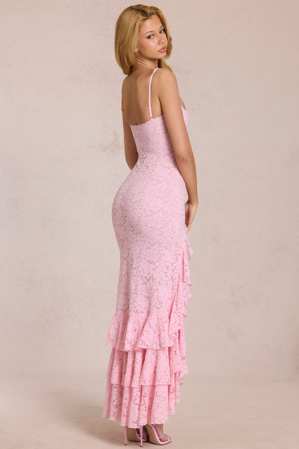 Chic Lace Ruffle Maxi Dress in Blossom Pink