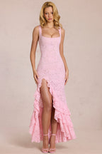 Chic Lace Ruffle Maxi Dress in Blossom Pink