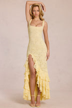 Chic Lace Ruffle Maxi Dress in Lemon Yellow