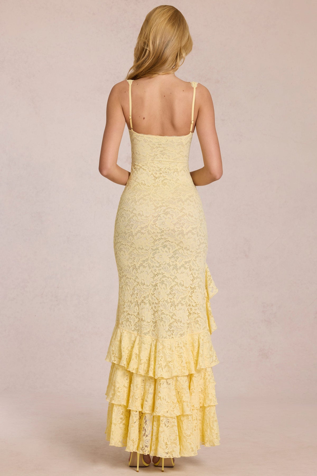Chic Lace Ruffle Maxi Dress in Lemon Yellow