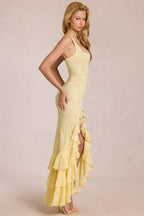 Chic Lace Ruffle Maxi Dress in Lemon Yellow