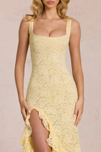 Chic Lace Ruffle Maxi Dress in Lemon Yellow