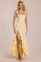 Chic Lace Ruffle Maxi Dress in Lemon Yellow
