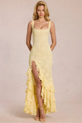Chic Lace Ruffle Maxi Dress in Lemon Yellow