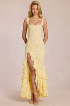 Chic Lace Ruffle Maxi Dress in Lemon Yellow