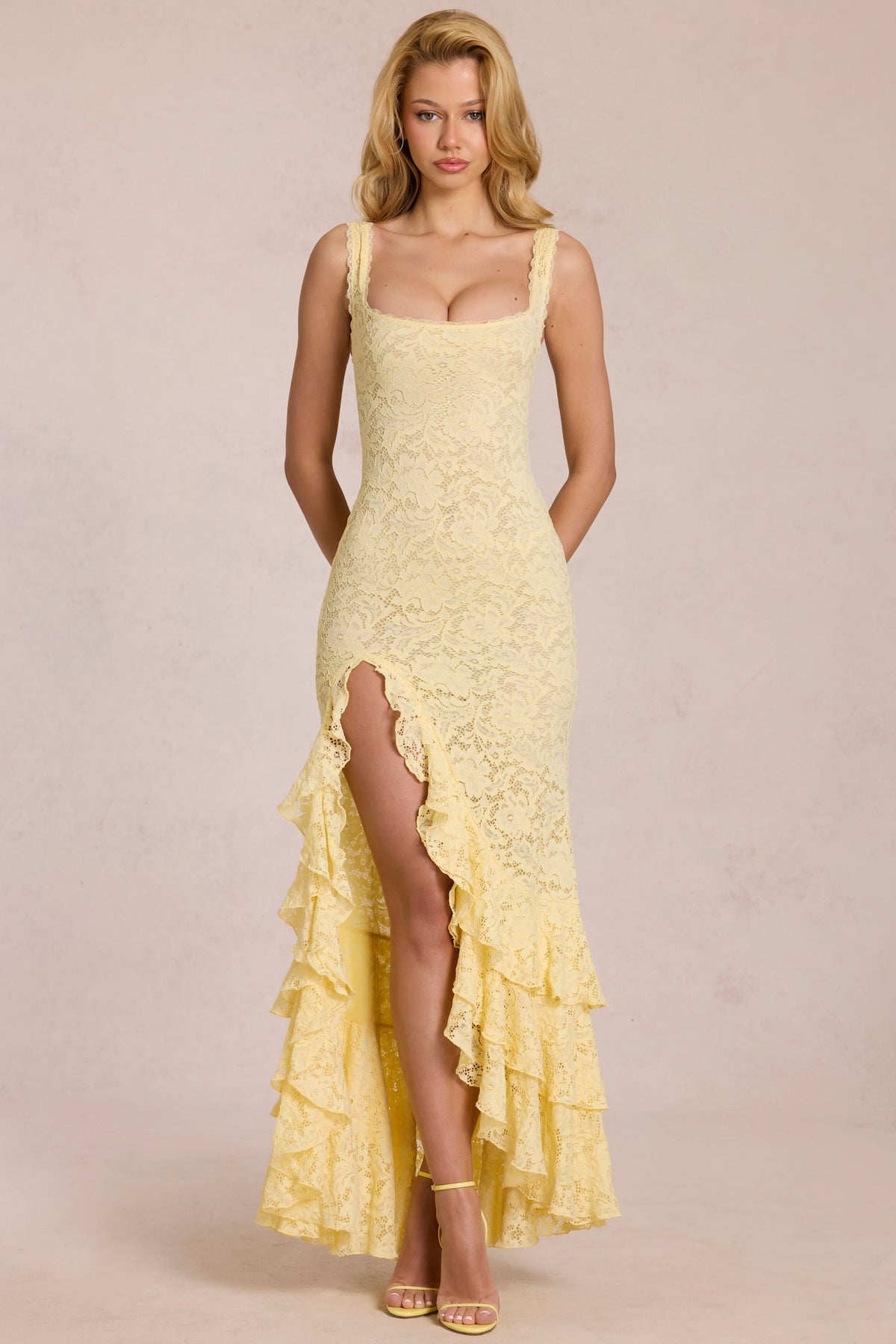 Chic Lace Ruffle Maxi Dress in Lemon Yellow