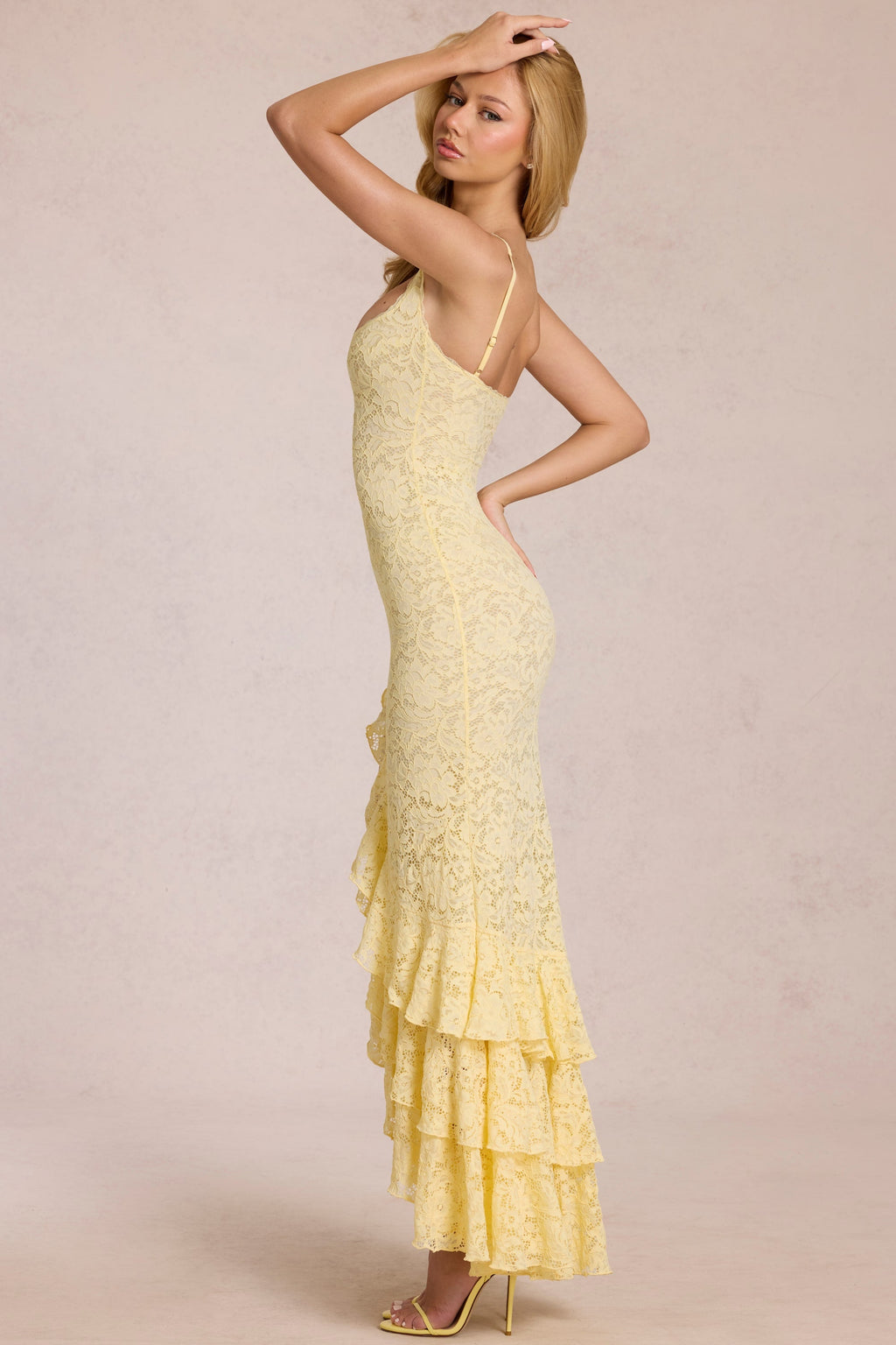 Chic Lace Ruffle Maxi Dress in Lemon Yellow