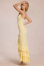 Chic Lace Ruffle Maxi Dress in Lemon Yellow