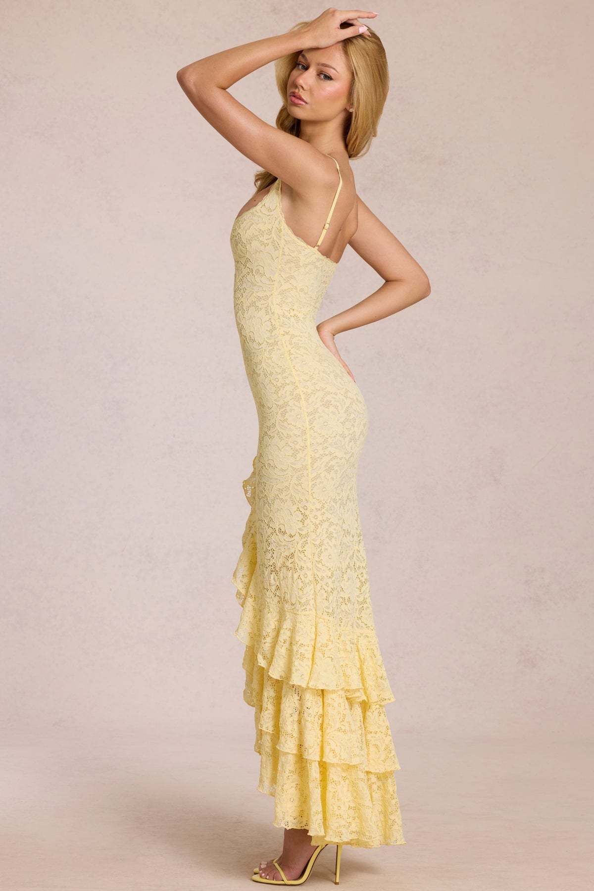 Chic Lace Ruffle Maxi Dress in Lemon Yellow