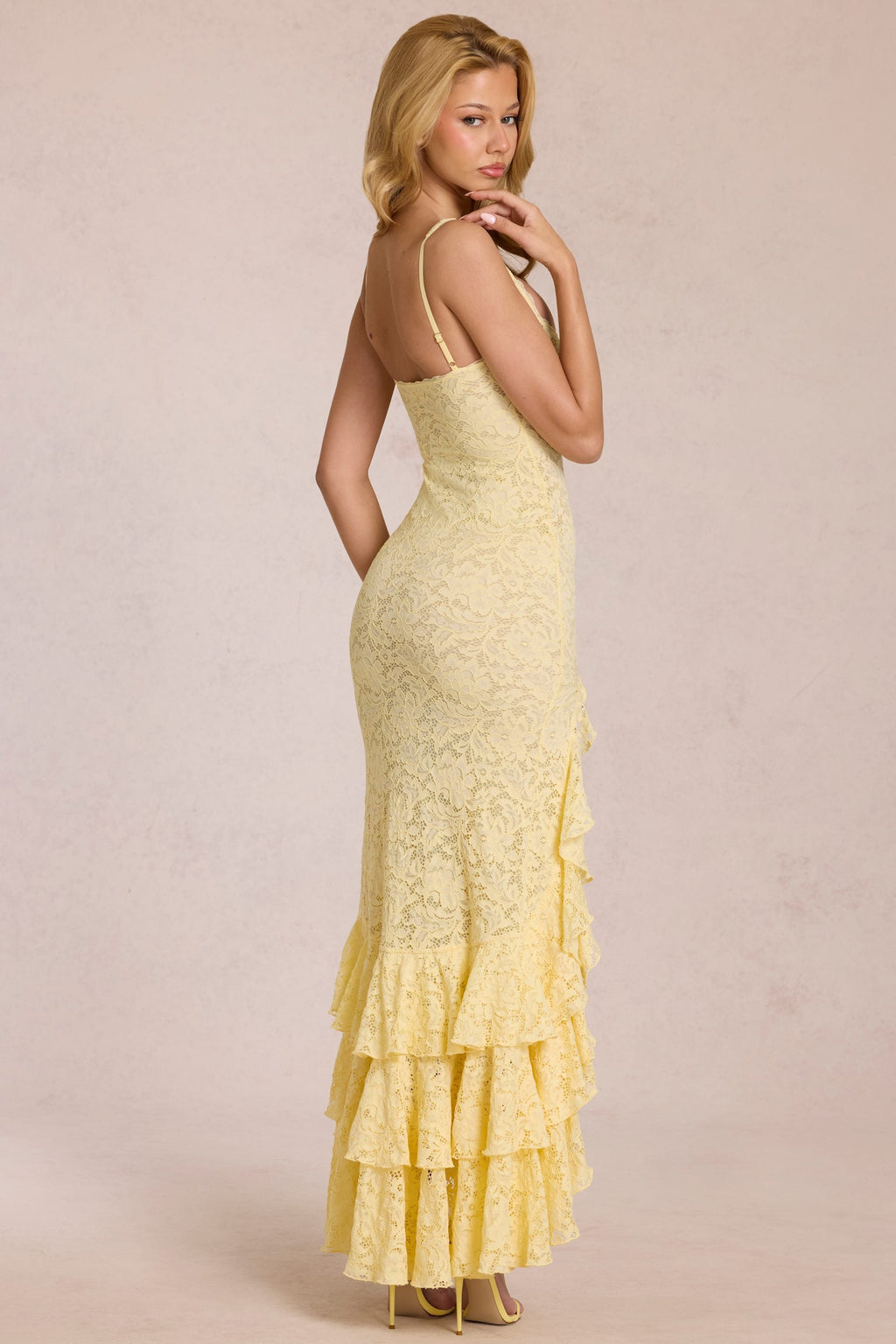 Chic Lace Ruffle Maxi Dress in Lemon Yellow