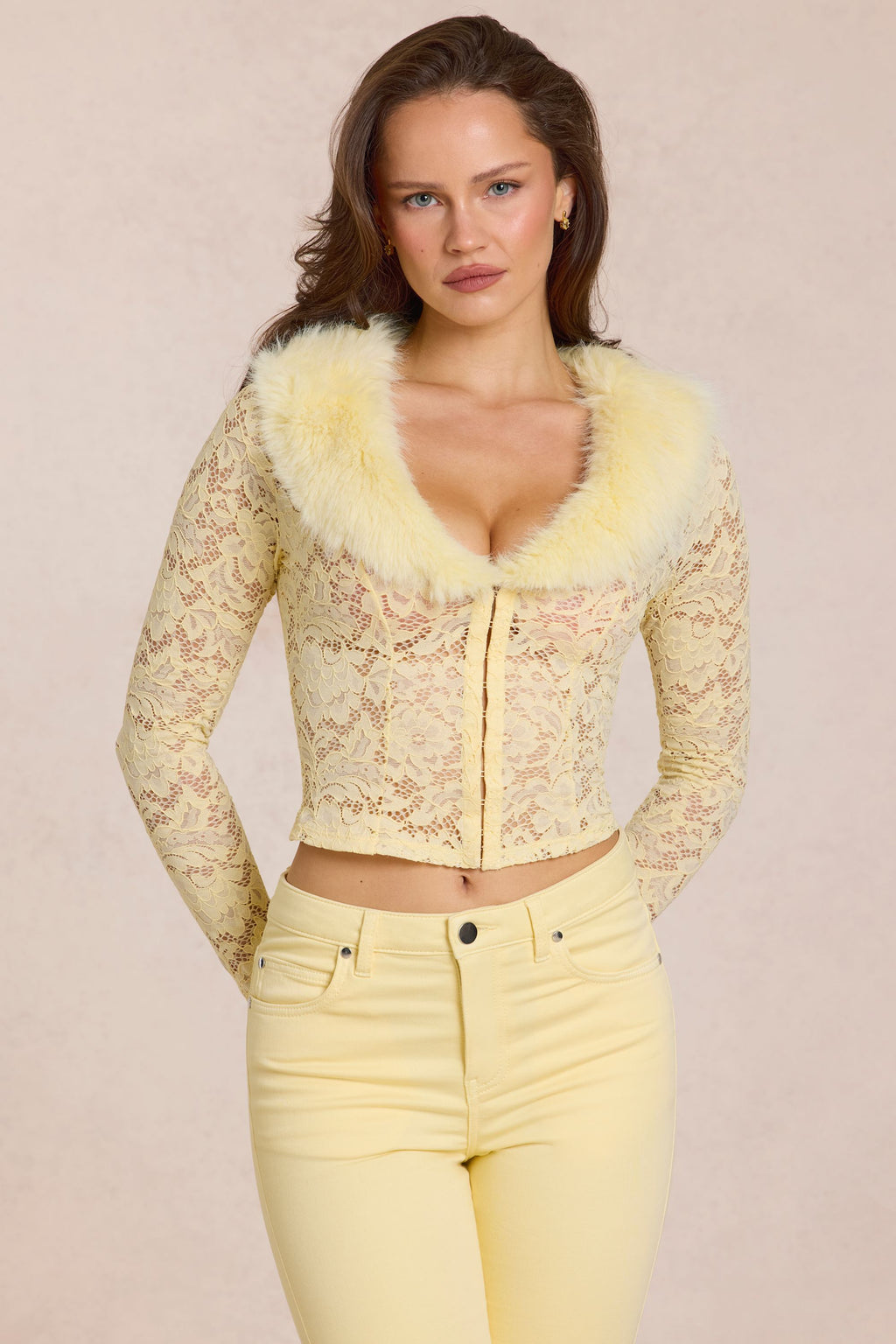 Chic Lace Faux-Fur-Trim Cardigan in Lemon Yellow