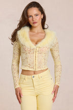 Chic Lace Faux-Fur-Trim Cardigan in Lemon Yellow