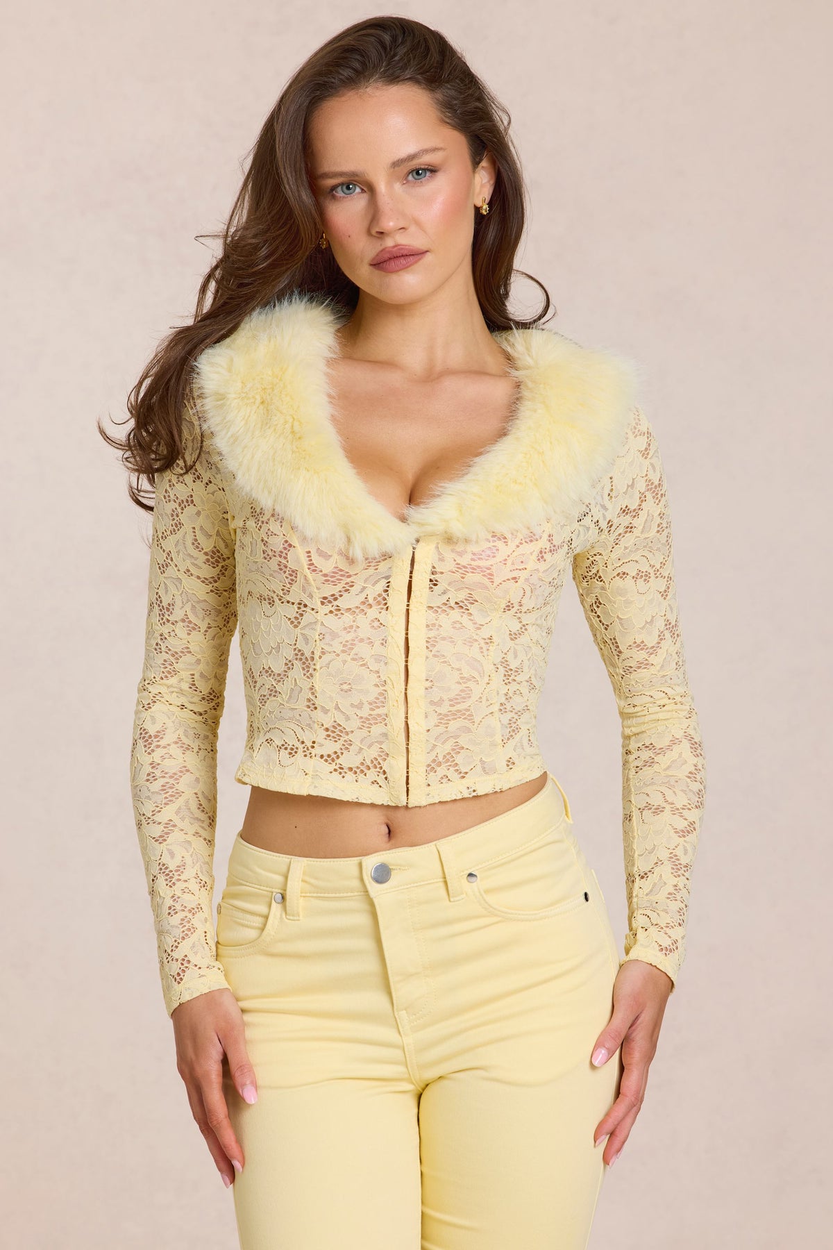 Chic Lace Faux-Fur-Trim Cardigan in Lemon Yellow